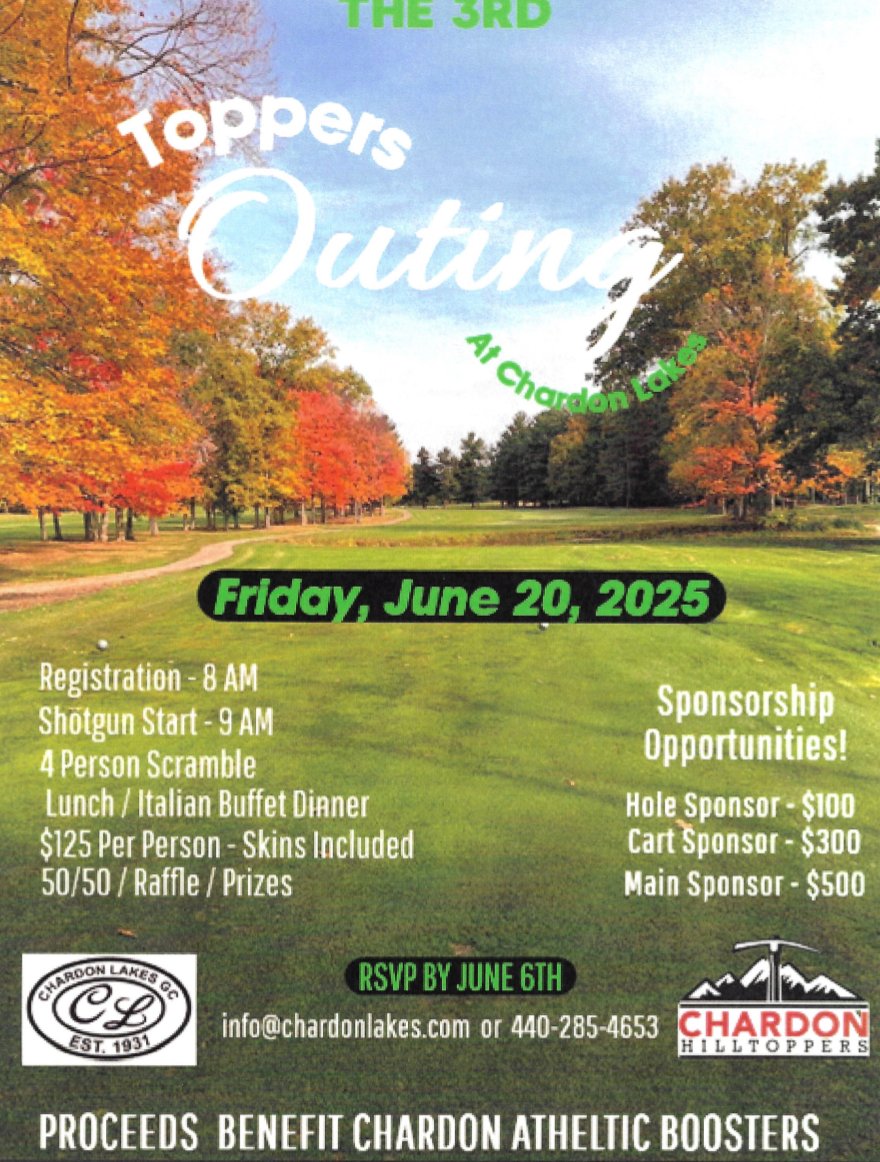 Chardon Boosters (@chardonboosters) on Twitter photo Save the Date & gather up your foursome! ā³. Topper Outing to benefit the Chardon Athletic Boosters is coming on June 20. Money raised at this event is used for uniform purchases for all CHS and CMS sports teams!
<a href="/toppernation/">CHS Athleticsā¢</a> <a href="/ChardonHS/">Chardon High School</a> <a href="/CHS_HIGHAM/">CHS_HIGHAM</a> Save the Date & gather up your foursome! ā³. Topper Outing to benefit the Chardon Athletic Boosters is coming on June 20. Money raised at this event is used for uniform purchases for all CHS and CMS sports teams!
<a href="/toppernation/">CHS Athleticsā¢</a> <a href="/ChardonHS/">Chardon High School</a> <a href="/CHS_HIGHAM/">CHS_HIGHAM</a>