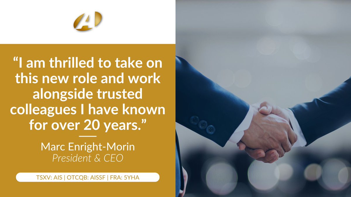 “I am thrilled to take on this new role and work alongside trusted colleagues I have known for over 20 years.” Marc Enright-Morin, President &amp; CEO
Read more 👉 stockmkt.info/3Xft0r3

🇨🇦 TSXV: $AIS | 🇺🇸 OTCQB: $AISSFF | 🇩🇪 FRA: 5YHA
#mininggold #goldstocks