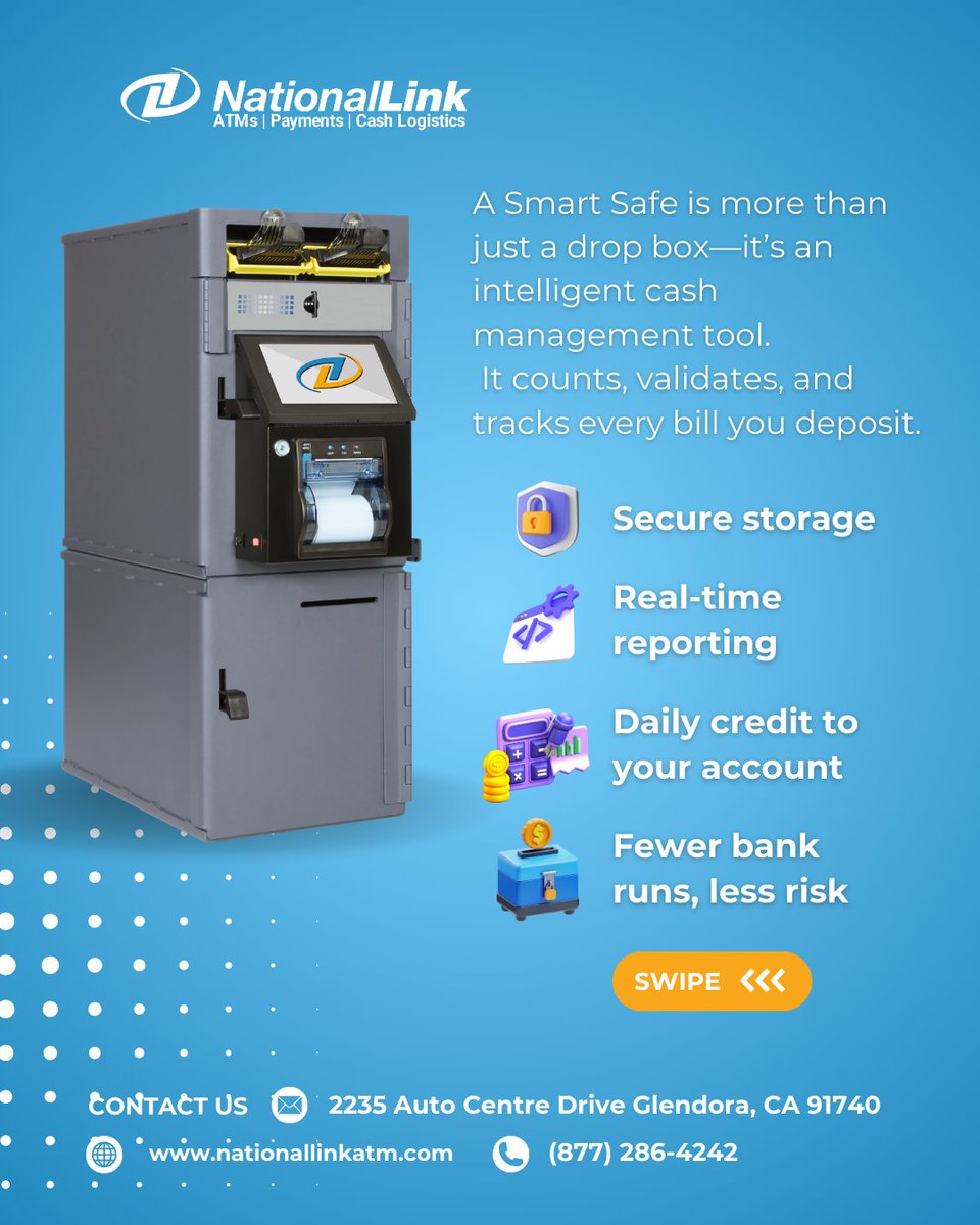 nationallink_X's tweet image. It’s more than just a place to store cash. A smart safe validates, tracks, and reports deposits in real time, giving businesses tighter control and faster access to funds. Welcome to the smarter way to handle cash.  
#SmartSafe #CashManagement #SecureDeposits #NationalLink