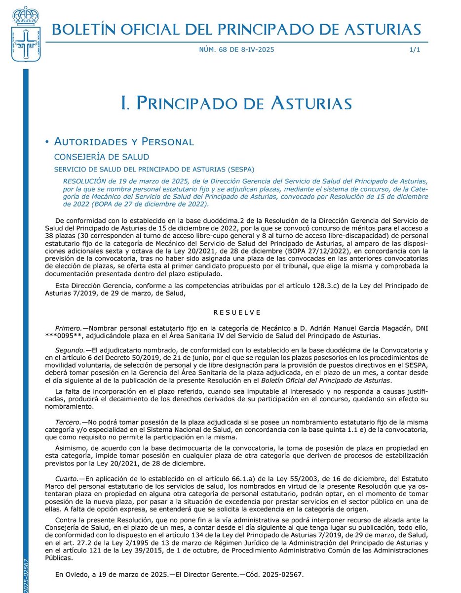 BOPA N° 68 de 8-IV-2025 Resolución de 19 de marzo de 2025, de la Dirección Gerencia del Servicio de Salud del Principado de Asturias, por la que se nombra personal estatutario fijo y se adjudican plazas, mediante el sistema de concurso, de la Categoría de Mecánico del SESPA