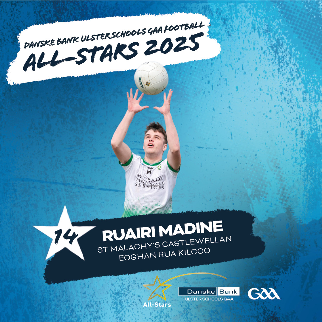 ulsterschools's tweet photo. Ruairi Madine from @SMHSPE takes the full forward position & becomes the second player from the school to be awarded an All-star. The @KilcooGAC star currently represents @officialdowngaa at U20 level & was a key figure when St Malachys won the @DanskeBank_UK Markey cup last year & reached the All-Ireland Final.