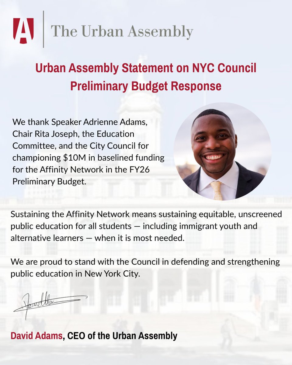 Urban Assembly (@urbanassembly) on Twitter photo Affinity is here to stay! Thank you to Speaker Adrienne Adams, Chair Rita Joseph, the Education Committee and the City Council for their continued support of the Affinity Network. Affinity is here to stay! Thank you to Speaker Adrienne Adams, Chair Rita Joseph, the Education Committee and the City Council for their continued support of the Affinity Network.