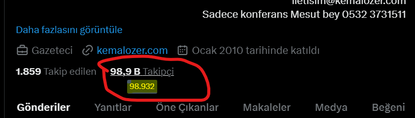 Elon Musk It was 98,995 yesterday. What happened that it dropped to 98,932 in less than 24 hours?

If you say leave X, don't worry, we can close the account. Dont forget! you are obligated to us, not us to you!

<a href="/elonmusk/">Elon Musk</a> dün 98.995 idi. 24 saat geçmeden ne oldu da 98.932'ye