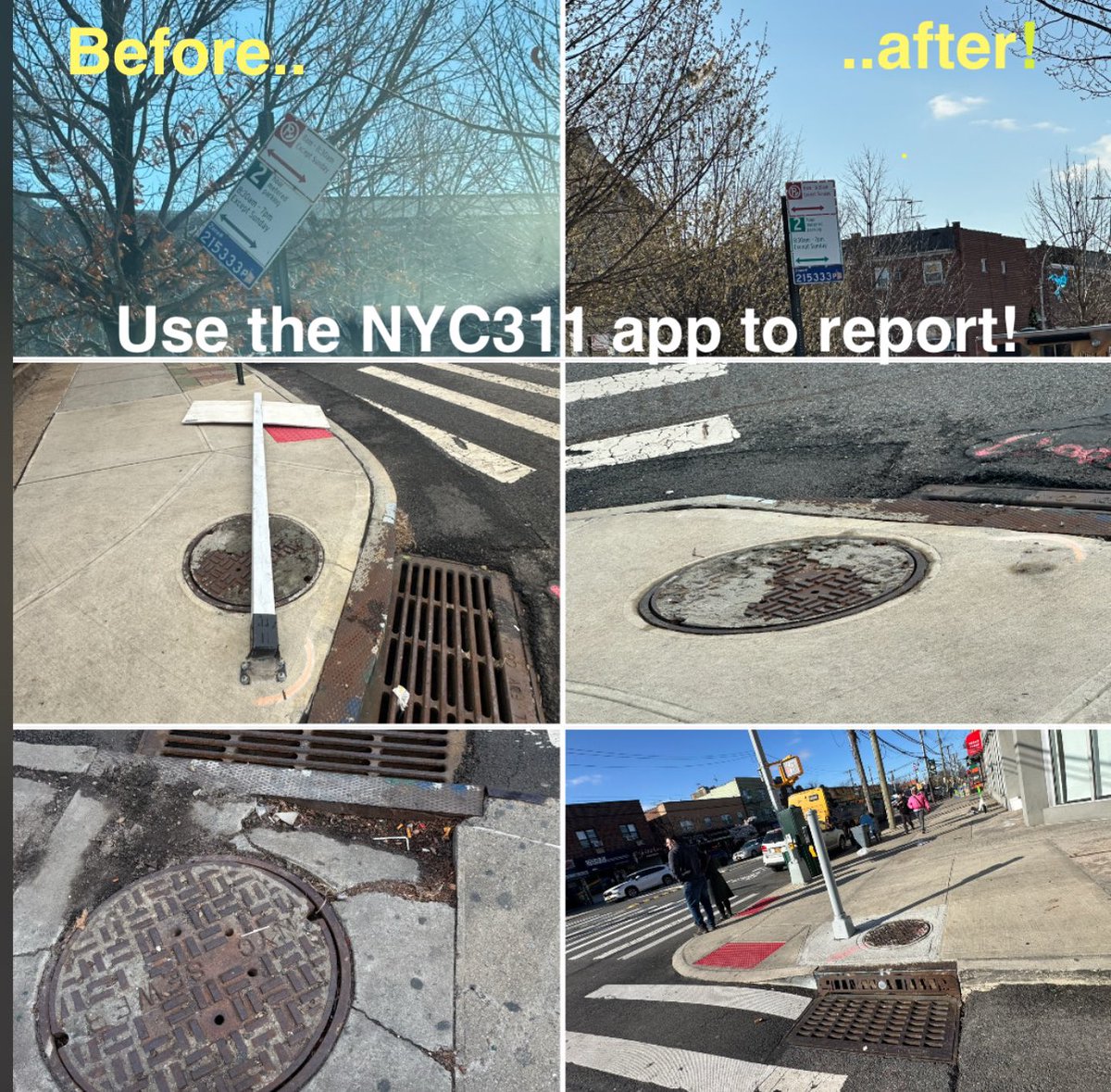 Our thanks to <a href="/NYC_DOT/">NYC DOT</a> and <a href="/NYCWater/">NYC Water</a> for promptly addressing #MorrisPark Avenue sidewalk and roadway conditions! 
Recommending to all residents to download and use the <a href="/nyc311/">New York City 311</a> app that allows loading of photos - to report any public space condition of concern! Thank you 🙏