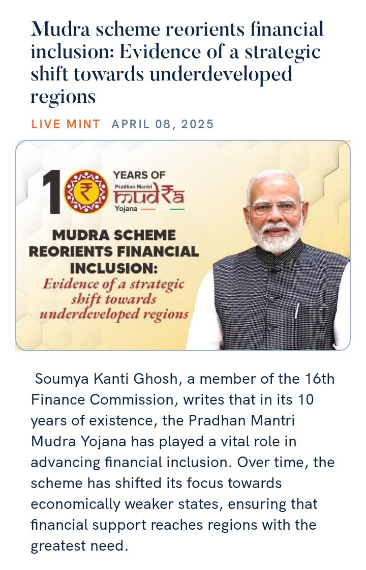 m_mirdula's tweet photo. Mudra scheme reorients financial inclusion: Evidence of a strategic shift towards underdeveloped regions
https://t.co/Z5QqE9WnSF

via NaMo App https://t.co/nD0unJC3dF