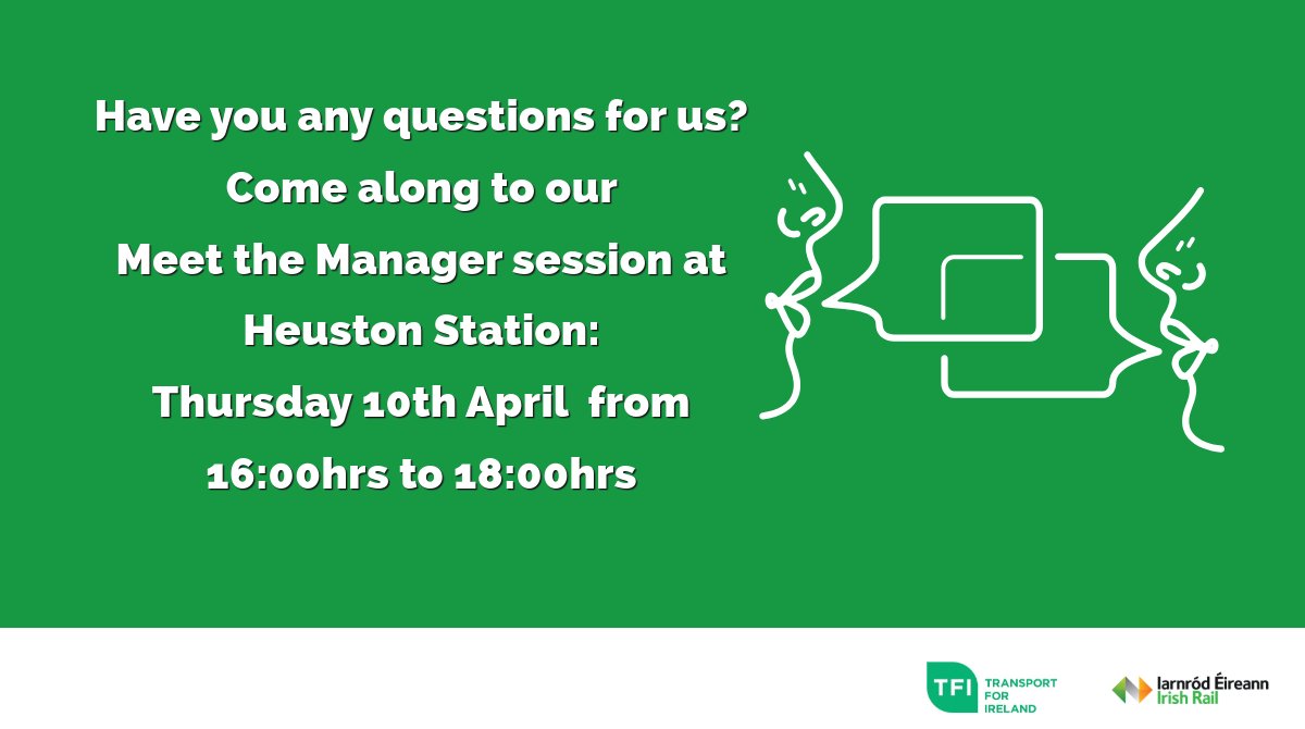 Iarnród Éireann (@irishrail) on Twitter photo Have you any questions for us? 🚂
Come along to our Meet the Manager session at Heuston Station 👋
Thursday 10th April from 16:00 to 18:00 🗓 -AD <a href="/TFIupdates/">Transport for Ireland</a> Have you any questions for us? 🚂
Come along to our Meet the Manager session at Heuston Station 👋
Thursday 10th April from 16:00 to 18:00 🗓 -AD <a href="/TFIupdates/">Transport for Ireland</a>
