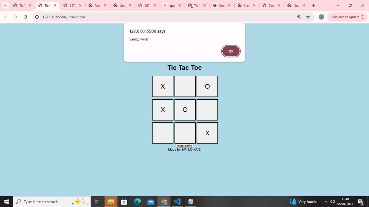 samzycode14's tweet image. I Built a simple Tic-Tac-Toe game🙂🧮
It was made using HTML, CSS &amp;amp; JavaScript,used Eventlisteners,forEach loops,resetGame buttons.
Ignore my designs,it was just for practice 
✅ Practiced setTimeouts, callbacks(crazy as hell)

#BuildInPublic  #JavaScript  #CodingJourney #Connect