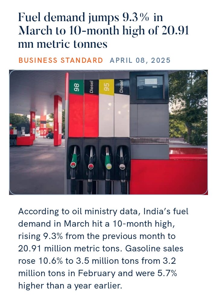 m_mirdula's tweet photo. Fuel demand jumps 9.3% in March to 10-month high of 20.91 mn metric tonnes
https://t.co/uTTzQHDJCZ

via NaMo App https://t.co/8chQqDMV0h