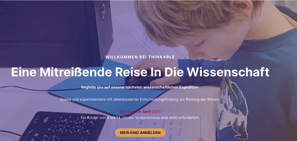 🚀 Still a few spots left! We’ve launched our new holiday courses for children (9–14) — spark curiosity, build problem-solving skills. Starts next Monday!
🐝 “Save the Bees” – Learn with data + tech
📅 April 14–17, 9–12 CET
👉 thinkable.space
#STEM #KidsAndTech #Thinkable