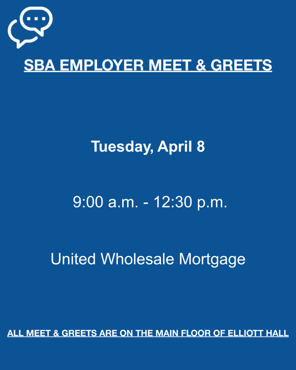 🌟 Join us for a Meet and Greet with this awesome employer this week: United Wholesale Mortgage: Tues., Apr. 8 from 9 a.m. - 12:30 p.m. Swing by Elliott Hall to network, explore job opportunities and advance your career! 🙌 #CareerandLifeDesign #ThisIsOU #BeGolden