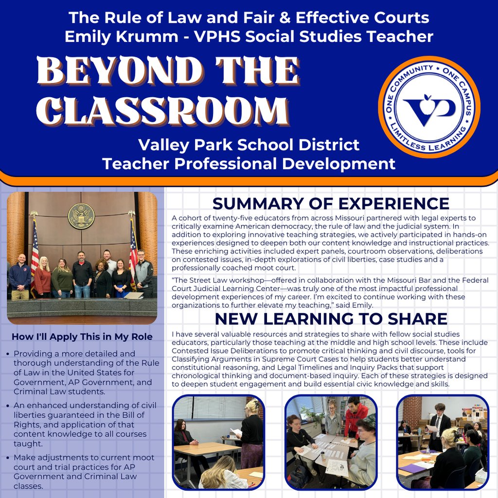 ValleyParkSD's tweet image. 25 Missouri educators, including VPHS teacher Emily Krumm, teamed up with legal experts to explore democracy, the courts and civics education. “One of the most impactful PD experiences of my career,” said Emily. See how it’s shaping her teaching! #VPPride #BeyondTheClassroom