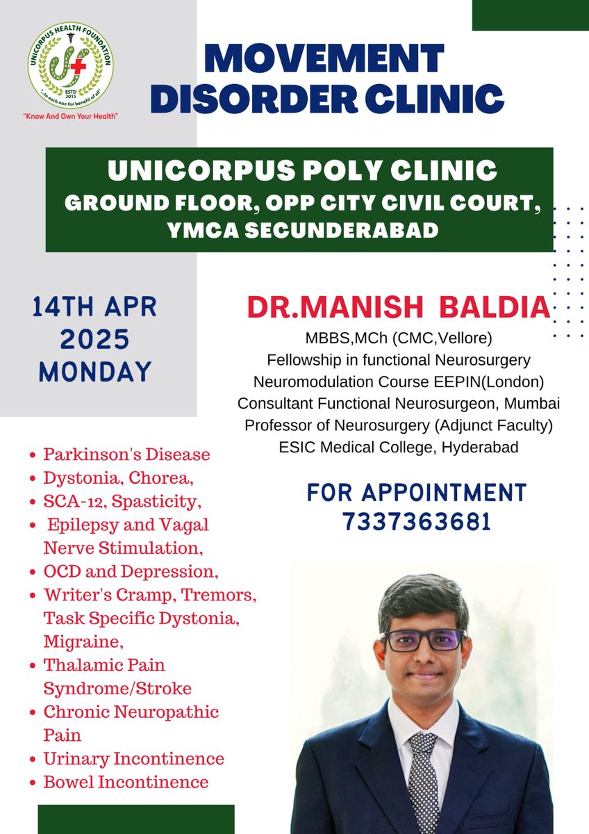UnicorpusHealth's tweet image. A special Movement Disorder Clinic is being held on 14th April 2025 (Monday) at Unicorpus Poly Clinic, Secunderabad.

#MovementDisorder #BrainHealth #NerveProblems #ParkinsonsCare #MigraineRelief #OCDHelp #DepressionSupport #UnicorpusHealthFoundation