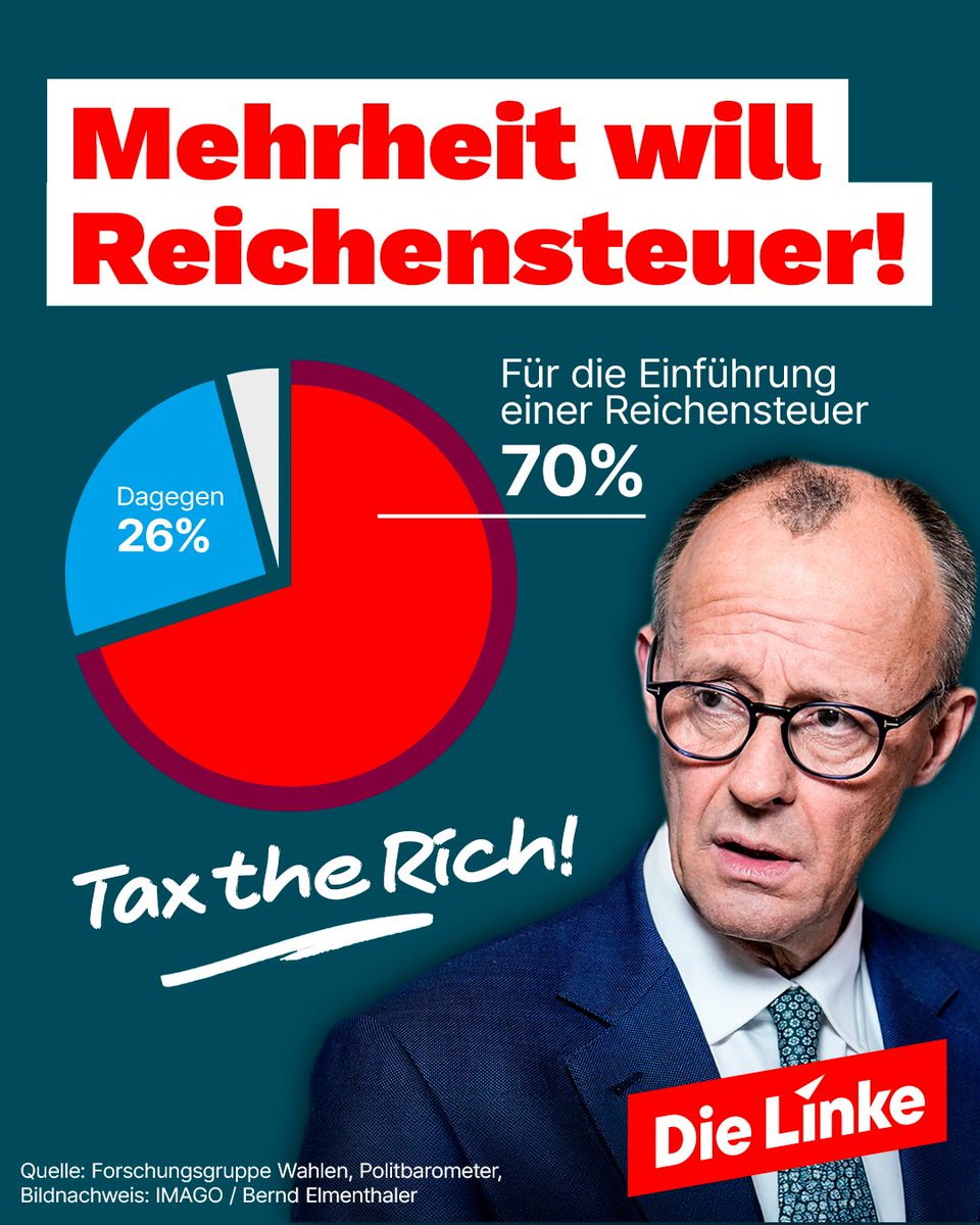 Zwei Drittel der Bürgerinnen &amp; Bürger wollen eine Reichensteuer- höchste Zeit, dass die Politik endlich handelt! Während Merz &amp; Co. die Reichen schützen, kämpfen wir für eine gerechte Verteilung des Reichtums! #TaxTheRich