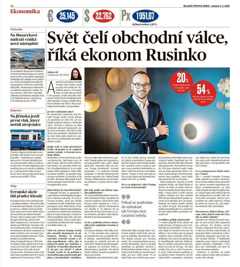 Velký rozhovor <a href="/DominikRusinko/">Dominik Rusinko</a> o dopadech Trumpových cel pro <a href="/iDNEScz/">iDNES.cz</a>.