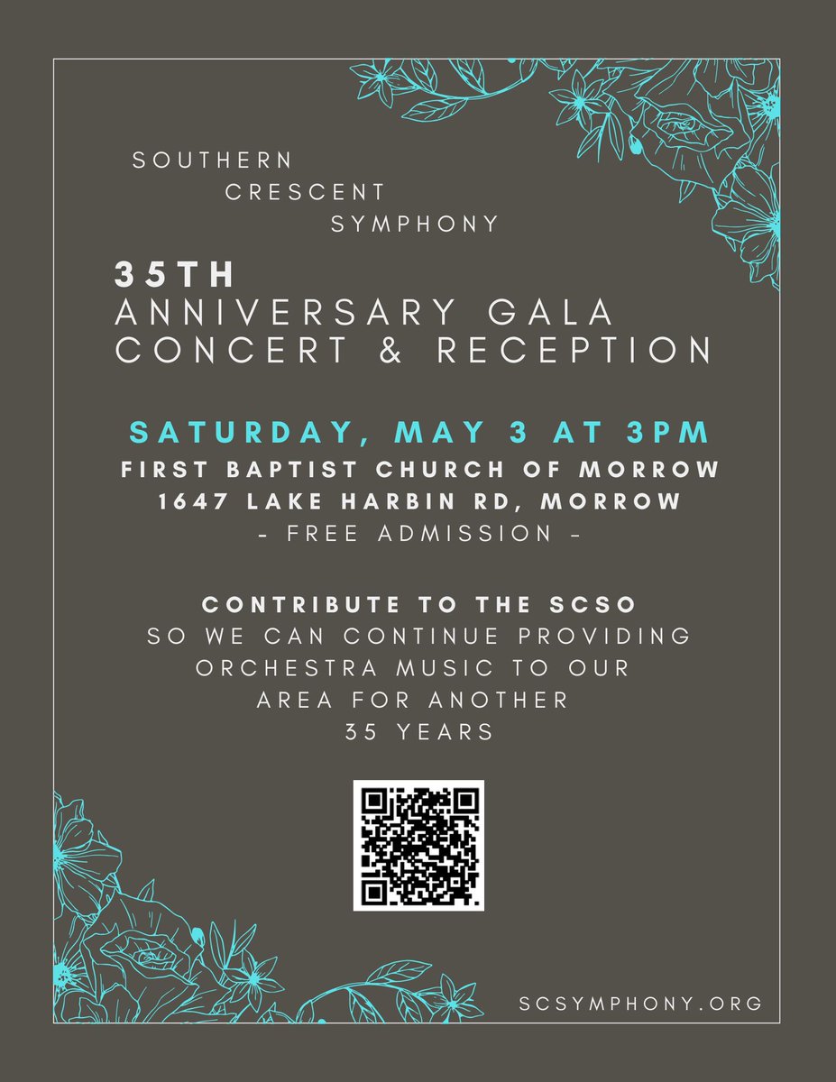 SCSymphony's tweet photo. Celebrating 35 Years of SCSO!
Join us for our 35th Anniversary Gala Concert &amp; Reception

Saturday, May 3 at 3PM
First Baptist Church of Morrow
1647 Lake Harbin Rd, Morrow

Free Admission! https://t.co/wPhshoVenx