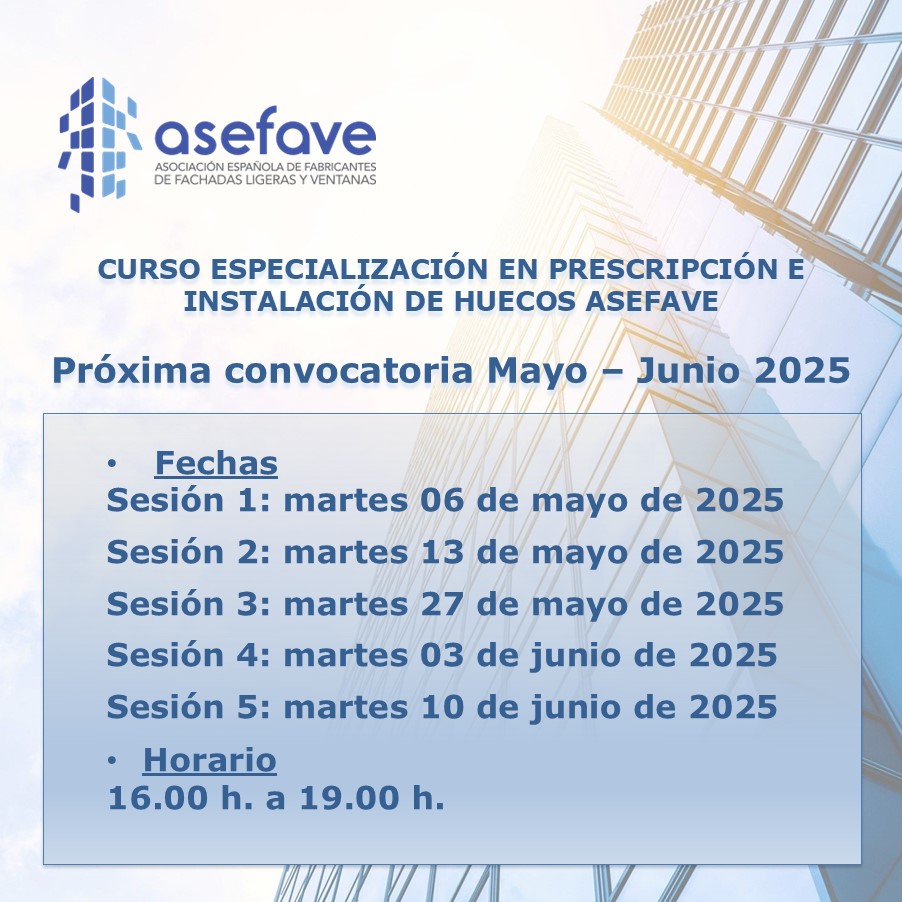 📢 Próxima convocatoria curso especialización en prescripción e instalación de huecos ASEFAVE.

Os presentamos, las fechas y horario del próximo curso previsto para mayo - junio de 2025.

Toda la info ➡ asefave.org/novedades/prox…

#asefave

asefave.org