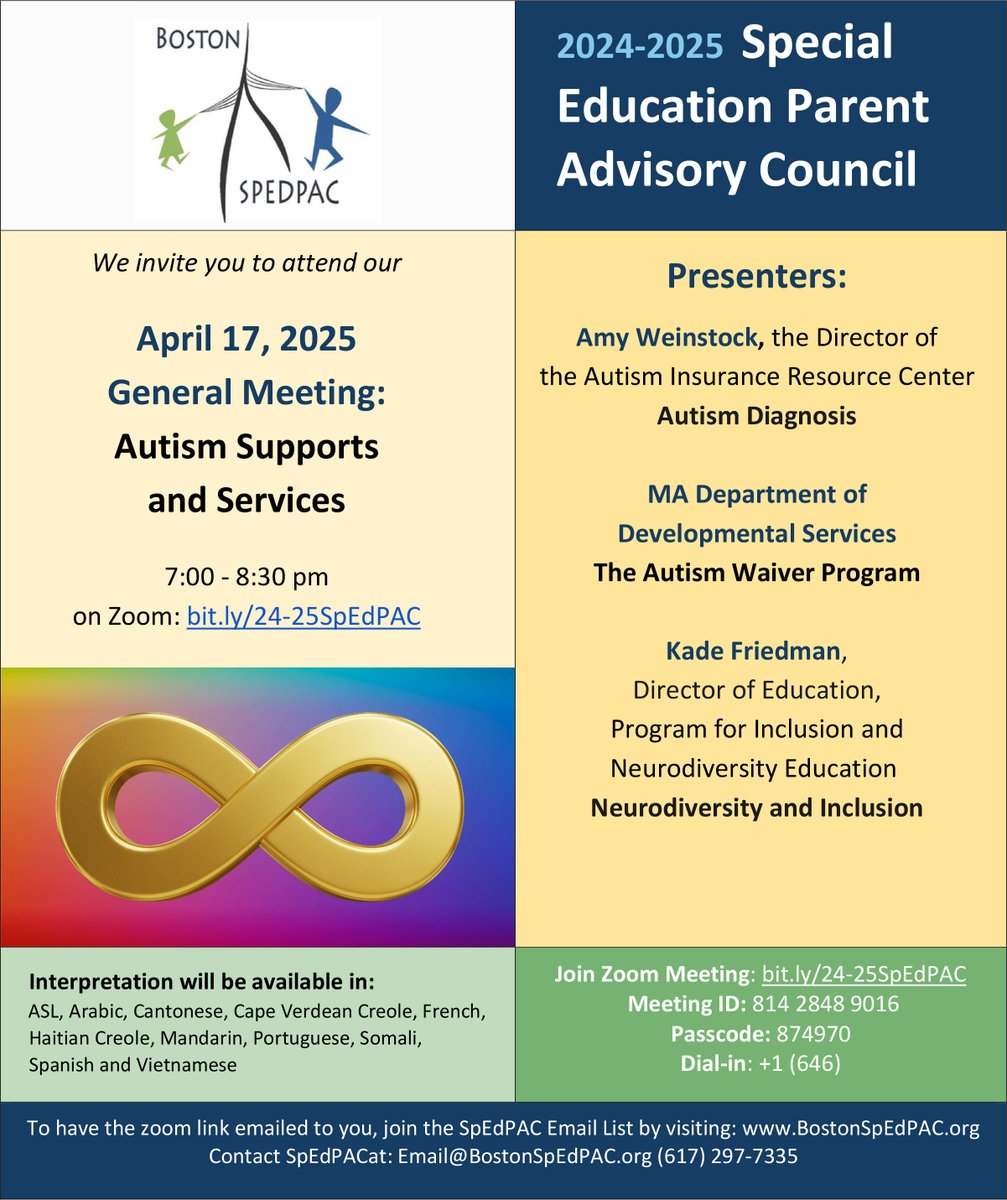Boston SpedPac (@bostonspedpac) on Twitter photo BPS families: Join us!
SpEdPAC Mtg: Thur, April 17, 7pm
on "Autism Supports and Services."
Zoom: bit.ly/24-25SpEdPAC
Interpretation will be available.
Learn more: BostonSpEdPAC.org.
Send any questions to: Email@BostonSpEdPAC.org BPS families: Join us!
SpEdPAC Mtg: Thur, April 17, 7pm
on "Autism Supports and Services."
Zoom: bit.ly/24-25SpEdPAC
Interpretation will be available.
Learn more: BostonSpEdPAC.org.
Send any questions to: Email@BostonSpEdPAC.org