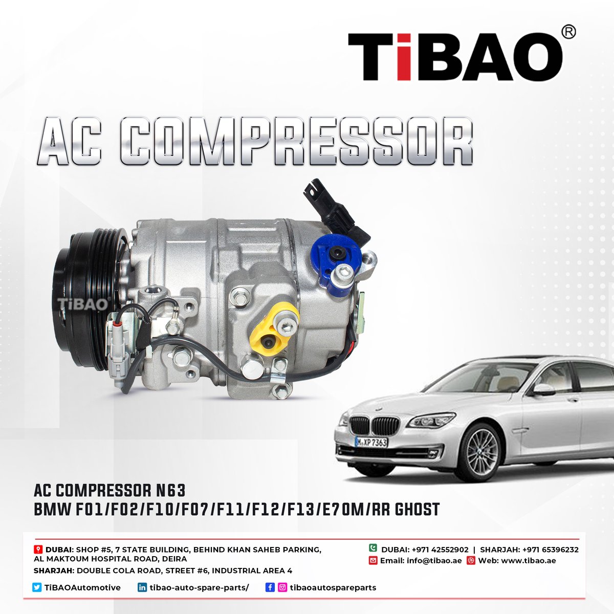 TiBAOAutomotive's tweet image. TiBAO Auto Spare Parts Trading LLC

AC COMPRESSOR N63
Compatible with:
BMW F01 / F02 / F10 / F07 / F11 / F12 / F13 / E70M / RR Ghost
📞 Call now for inquiries:
Dubai: +971 42552902 | Sharjah: +971 65396232 | Abu Dhabi: +971 26226291
#TiBAO #ACCompressor #BMWParts #N63Engine