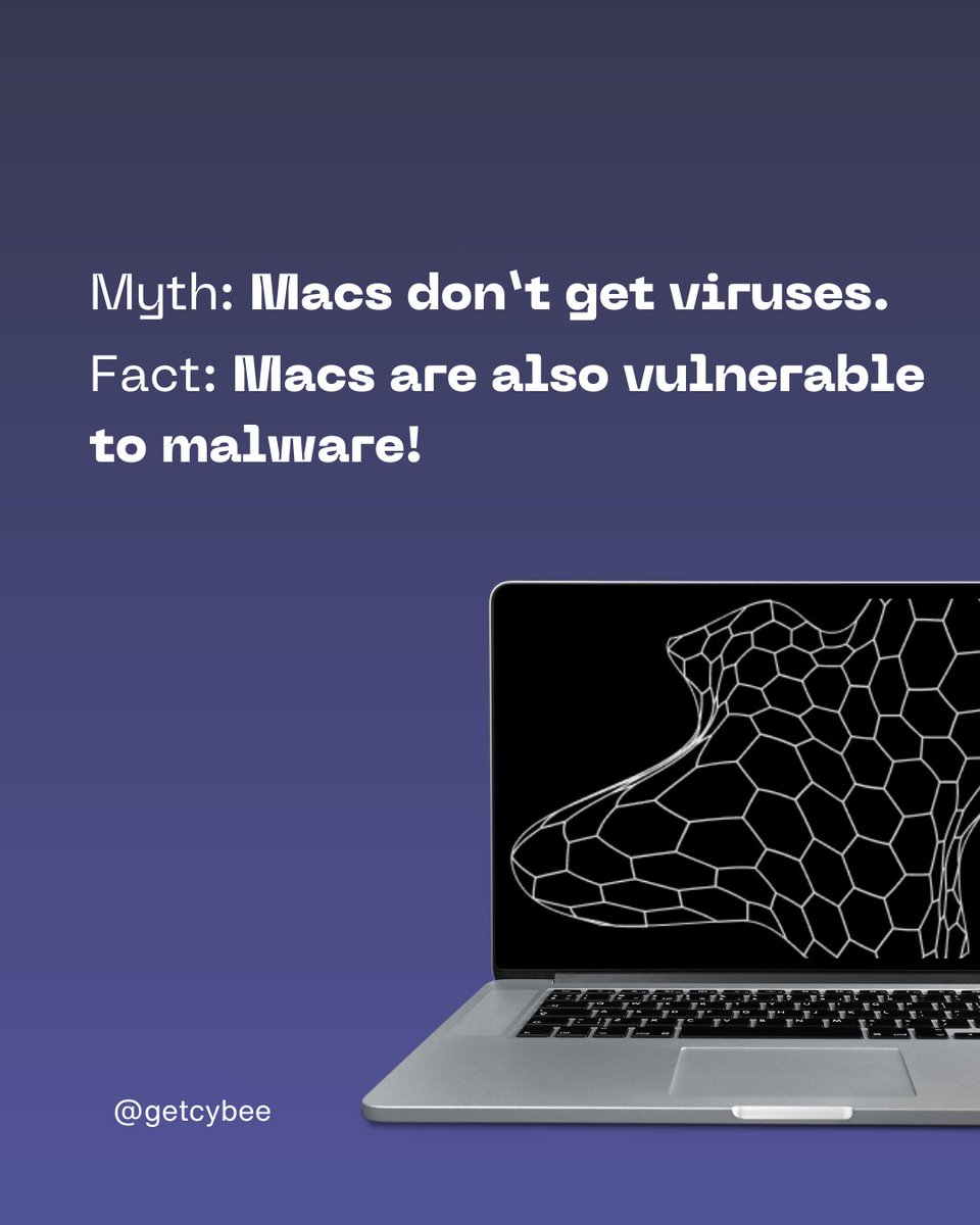 getcybee's tweet photo. ๐ myth: โmacs donโt get virusesโ
๐ก fact: they do macs can be infected with malware, spyware, and ransomware.
Stay protected.
#cybersecurity #macsecurity #infosec #malware https://t.co/PNA9mT4W2Q
