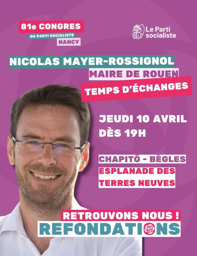 Retrouvons-nous à Bègles, ce jeudi, pour échanger dans le cadre du congrès du Parti Socialiste. L'occasion de présenter, avec <a href="/HarribeyLauren1/">Laurence Harribey</a> et <a href="/laurencerouede/">Rouede Laurence</a>, la ligne claire et fidèle à nos valeurs que nous portons avec toute l'équipe de <a href="/Refondations1/">Refondations</a>