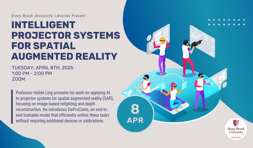 sbulibraries's tweet photo. Happening today! Join Professor Haibin Ling for his presentation on applying AI to projector systems for spatial augmented reality!

#AI #SpatialAugmentedReality #DeProCams https://t.co/zGl2qQh6Ab