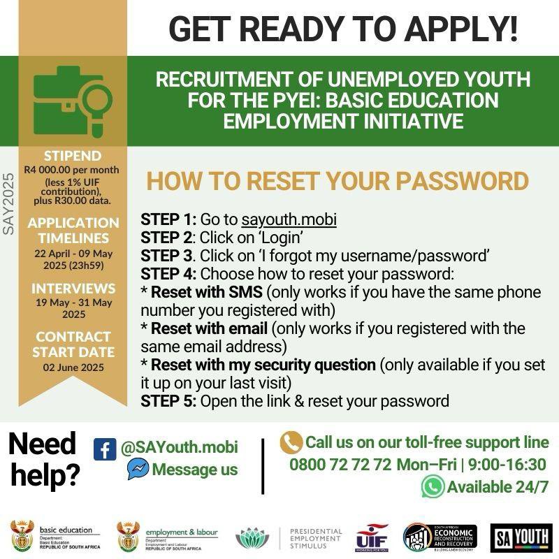 GET READY TO APPLY 📄

✳️ Here are clear guidelines on how to apply for the Basic Education Employment Initiative (BEEI).

‼️NB: Applications open on 22 April 2025

📲Once applications open, visit sayouth.mobi to apply

#BEEIPhaseV | #GovZAUpdates | #PYEI