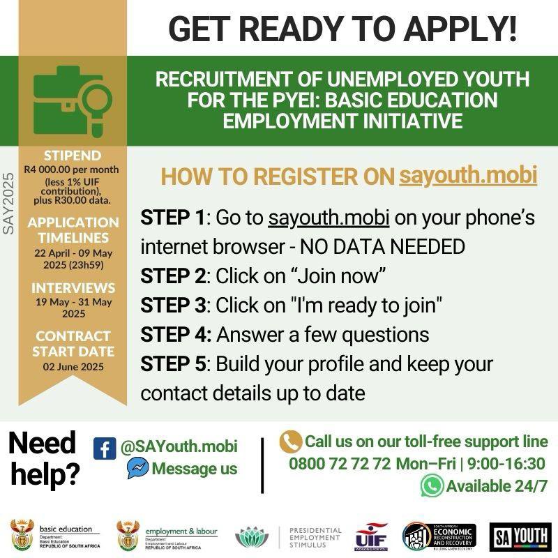 EducationGP1's tweet photo. GET READY TO APPLY 📄

✳️ Here are clear guidelines on how to apply for the Basic Education Employment Initiative (BEEI).

‼️NB: Applications open on 22 April 2025

📲Once applications open, visit https://t.co/bpVXGBm4xW to apply

#BEEIPhaseV | #GovZAUpdates | #PYEI https://t.co/JRWkQJ9YZf