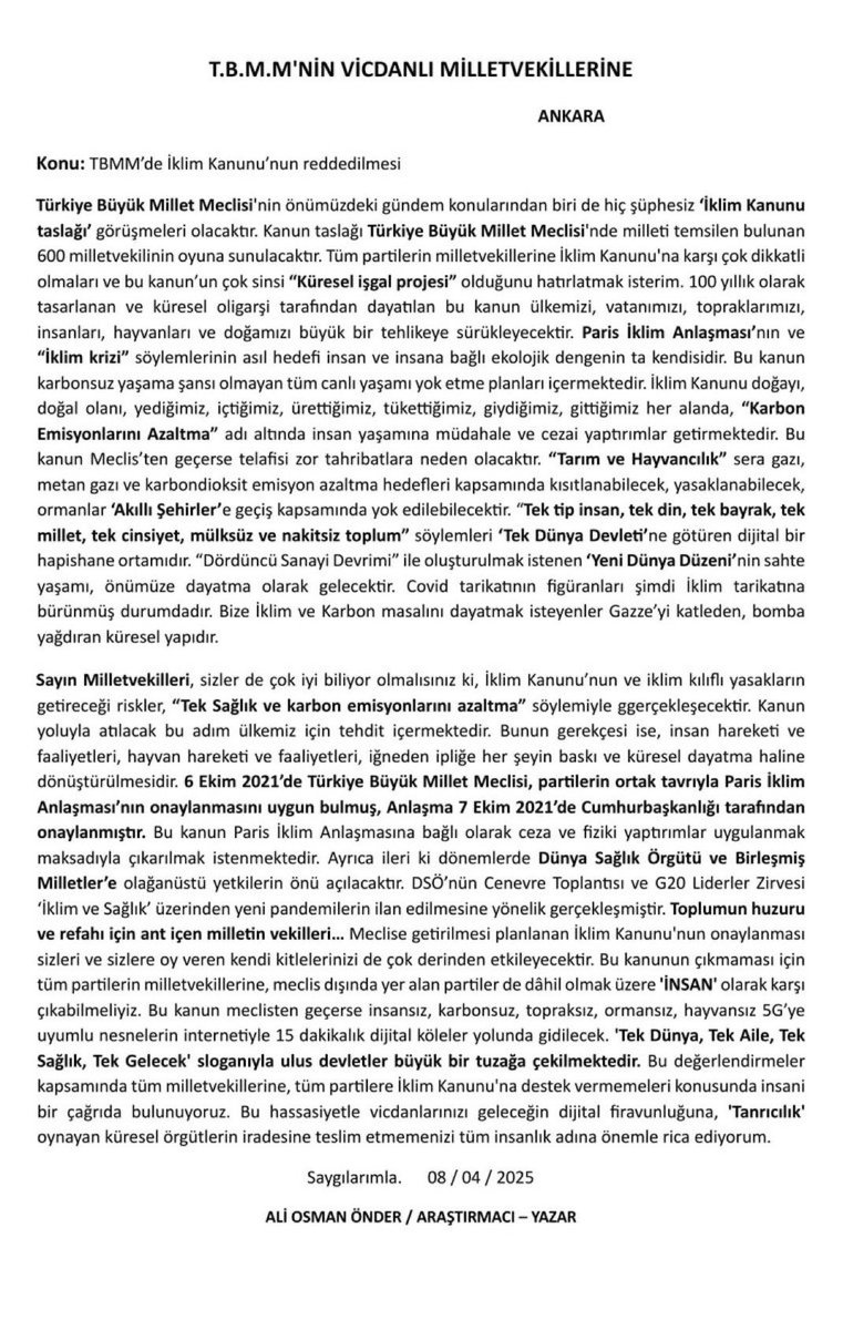 fatiheryilmaz0's tweet photo. Bugün mecliste görüşülmeye başlanacak olan iklim değişikliği kanunu Hindistan’da yapılan G-20 zirvesinde one earth, one family, one future  sloganıyla, dünyayı tek devlet ülkeleri de bağlı şehir devletleri şeklinde planlayan ulus devletleri yıkma hedefli küreselci zorbalığın kanunudur. 

Şavaşlar çıkartarak toplumları göçe zorlayan zihniyet bu küresel dayatma kaynaklıdır. 

Hedefi milliyetsizleştirilmiş, mülksüzleştirilmiş bir güruh haline sokularak digital köle inşanın inşasıdır. 

ABD Trump’ ın başkan olmasıyla bu küreselci andlaşmadan çekildi. 

Biz neden hâlâ zorluyoruz.

@suemeyraTR 
@aliosmanonder34 
@LutfuSahsuvar