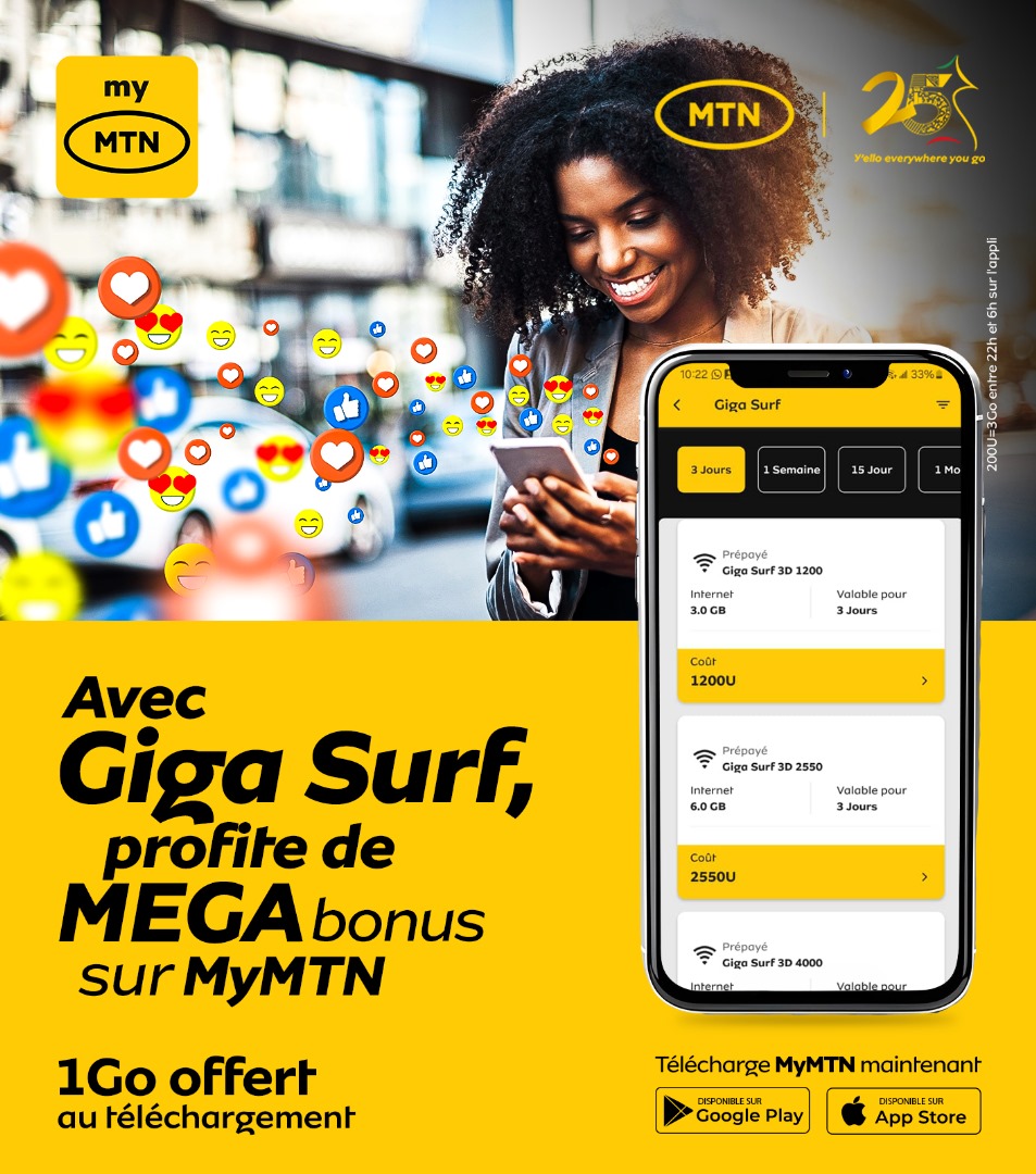 MTNCameroon's tweet photo. Navigue comme jamais avec Giga Surf !
Des MEGA bonus pour toi à gogoooo ! 🥳
Télécharge MyMTN maintenant pour obtenir 1 Go offert! 👉 https://t.co/Xd3MdEOFaV
#IndomitableNetwork
#ReseauIndomptable
#25YearsOfAuthenticConnection https://t.co/uBYuuOmC1C
