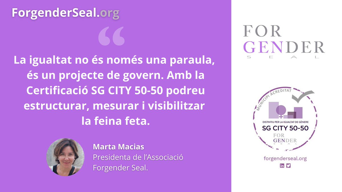 forgender's tweet image. 🟣🎙️Els #governslocals són garants de #drets i #llibertats. Per això, impulsar la #igualtat és una responsabilitat i una oportunitat. @maciasmarta, presidenta de #ForgenderSeal.

🏛️Certificació #SGCITY5050 per la #IgualtatDeGènere de l'àmbit Municipal city50.distintiudegenere.cat
