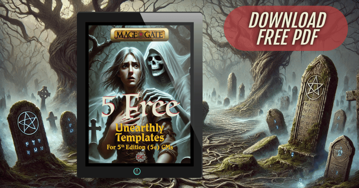 mage_gate's tweet image. New Free PDF for 5e GMs: 5 FREE UNEARTHLY TEMPLATES. Nice mix of creepy, ghastly, and arcane overload. Plug and Play; works with any adventure. 4 brand-new templates plus 1 classic. Link in comments. #dnd #dnd5e #ttrpg @mage_gate