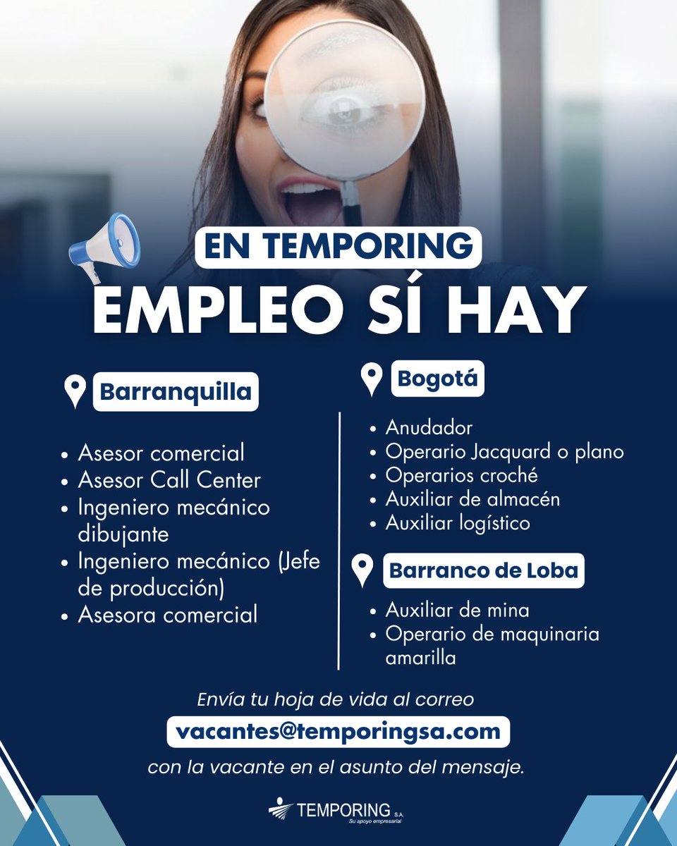 #TrabajoSíHay Estamos buscando personas como tú para unirse a nuestro equipo.

Descubre las vacantes que tenemos disponibles y aplica hoy mismo.