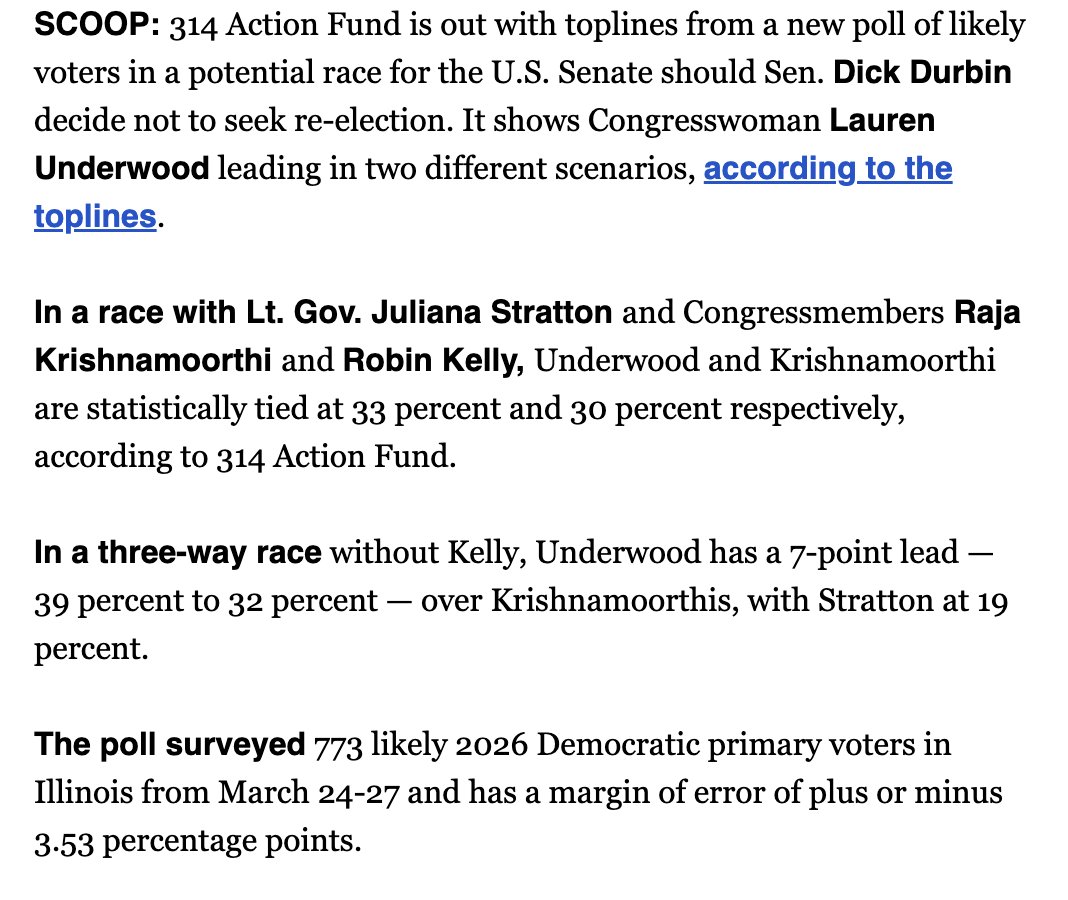 314action's tweet photo. 🚨In our NEW #ILSEN POLL,  we found @LaurenUnderwood leads with voters in every test, if Sen. Durbin were to retire—as first reported in @politico, @ShiaKapos.

Whether it's a four-person race or a three-person race—Illinois voters support Rep. Underwood. https://t.co/Y7AcG4qrA9