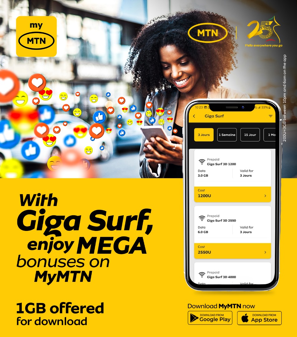 MTNCameroon's tweet photo. Surf like never before with Giga Surf !
Mega bonuses for you, go go gooo ! 🥳
Download MyMTN now to get 1GB for free! 👉 https://t.co/Xd3MdEPd0t
#IndomitableNetwork
#ReseauIndomptable
#25YearsOfAuthenticConnection https://t.co/fvw9CEtWIq
