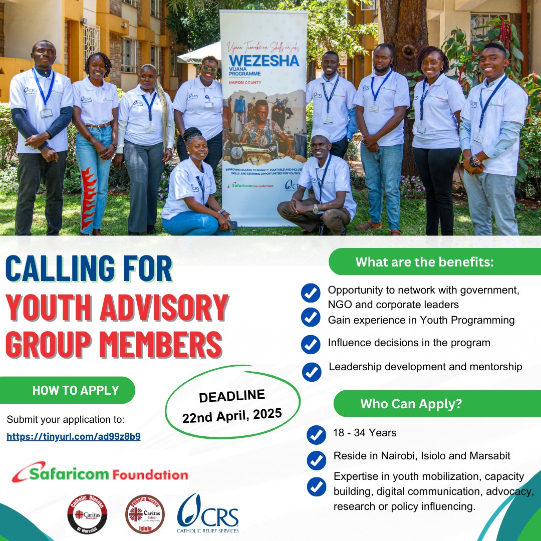 WezeshaVijanaKE's tweet photo. 🚨Calling youths from Isiolo, Marsabit &amp; Nairobi!

@CatholicRelief invites YOU to join the Wezesha Youth Advisory Groups #YAGs2025.

✅ Shape youth programs
✅ Influence county &amp; national policies
❗VOLUNTEER role 

📅 Deadline: April 22
🔗 https://t.co/HcfFTLrTI5 #opportunities https://t.co/W5PSCLnlbd