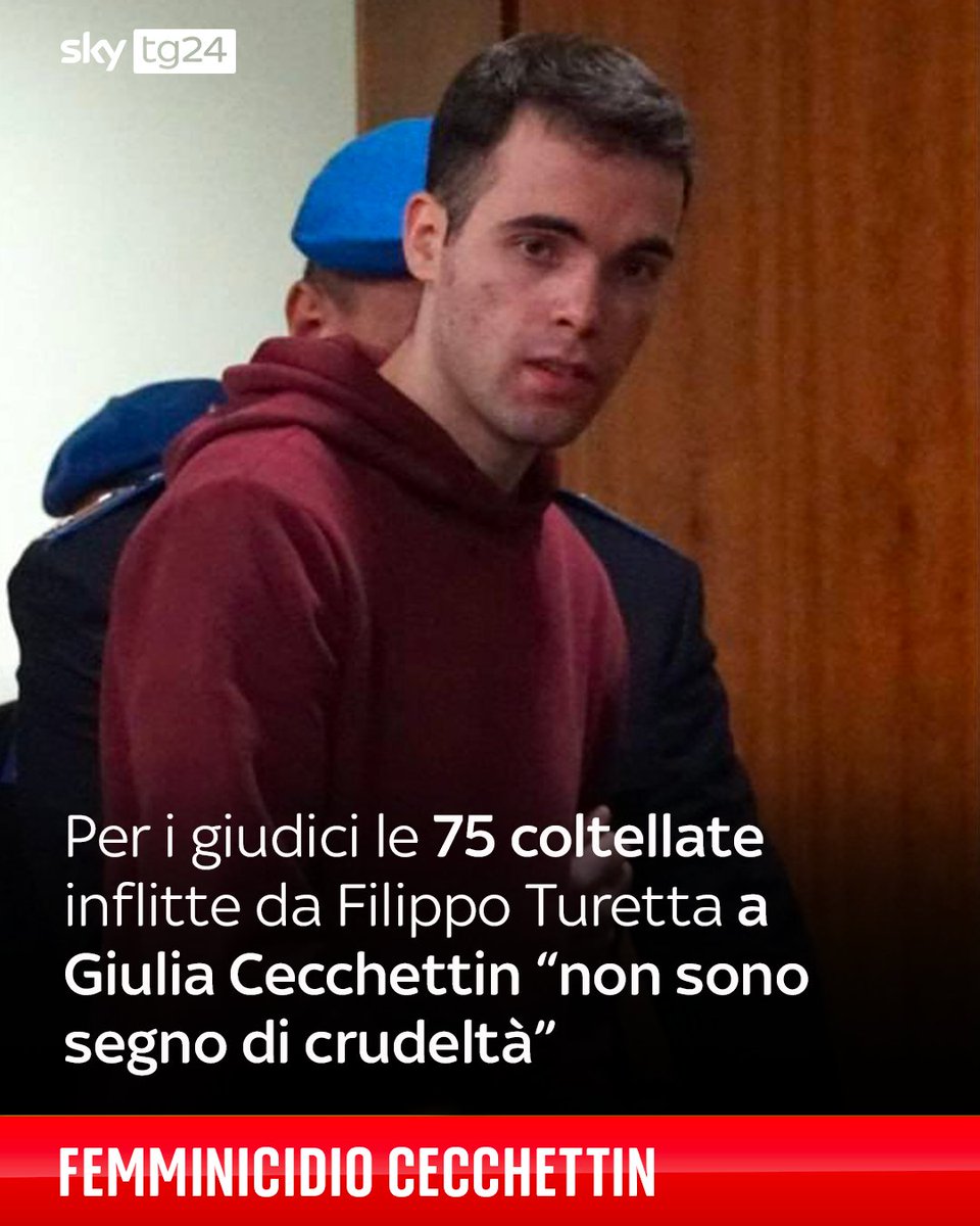 SkyTG24's tweet photo. La dinamica dell'omicidio di Giulia #Cecchettin non permette di "desumere con certezza, e al di là di ogni ragionevole dubbio", che Filippo #Turetta volesse "infliggere alla vittima sofferenze gratuite e aggiuntive" ➡️ https://t.co/IQL0S0vbXa https://t.co/FiPsXOPWFM