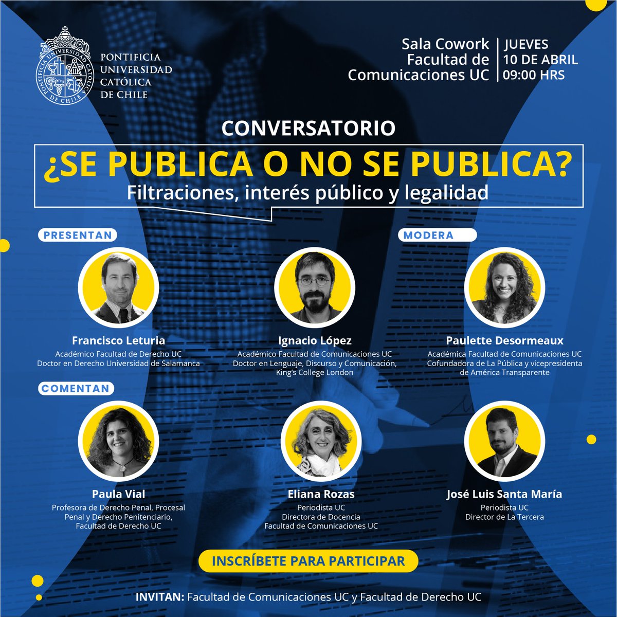 Comunicaciones (@fcomuc) on Twitter photo ¿Cuáles son los criterios para decidir publicar una filtración? ¿Cómo se equilibra el interés público con la legalidad? Conversamos sobre medios, Derecho y ética este jueves 10 de abril a las 9:00 hrs. en la Sala Cowork de nuestra Facultad. Inscripciones: forms.office.com/pages/response… ¿Cuáles son los criterios para decidir publicar una filtración? ¿Cómo se equilibra el interés público con la legalidad? Conversamos sobre medios, Derecho y ética este jueves 10 de abril a las 9:00 hrs. en la Sala Cowork de nuestra Facultad. Inscripciones: forms.office.com/pages/response…