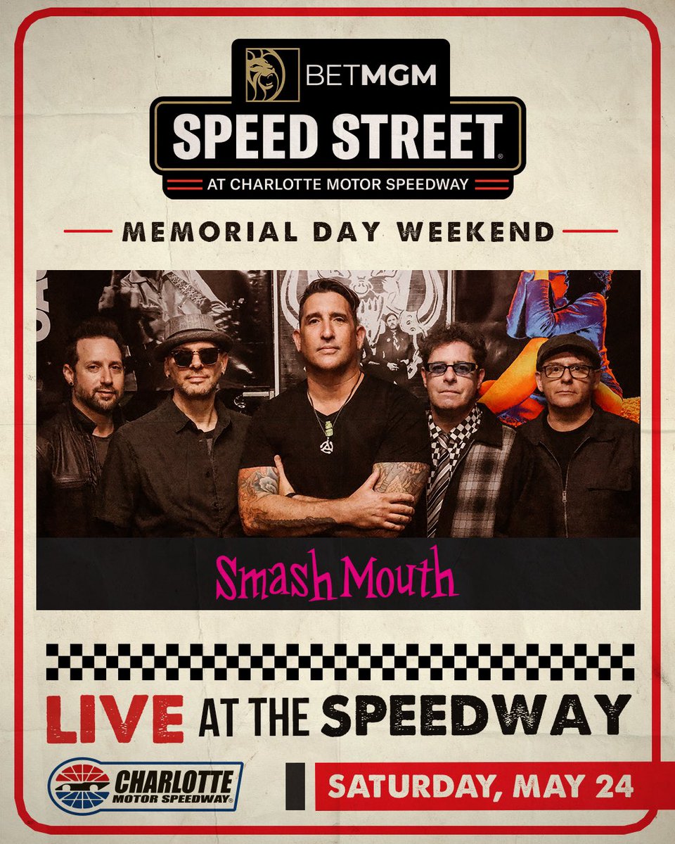 So much to do. So much to see. 🎶😎

<a href="/smashmouth/">Smash Mouth</a> is set to rock out on <a href="/BetMGM/">BetMGM 🦁</a> Speed Street during Memorial Day Weekend!

LEARN MORE 👉 bit.ly/25SpeedStreet