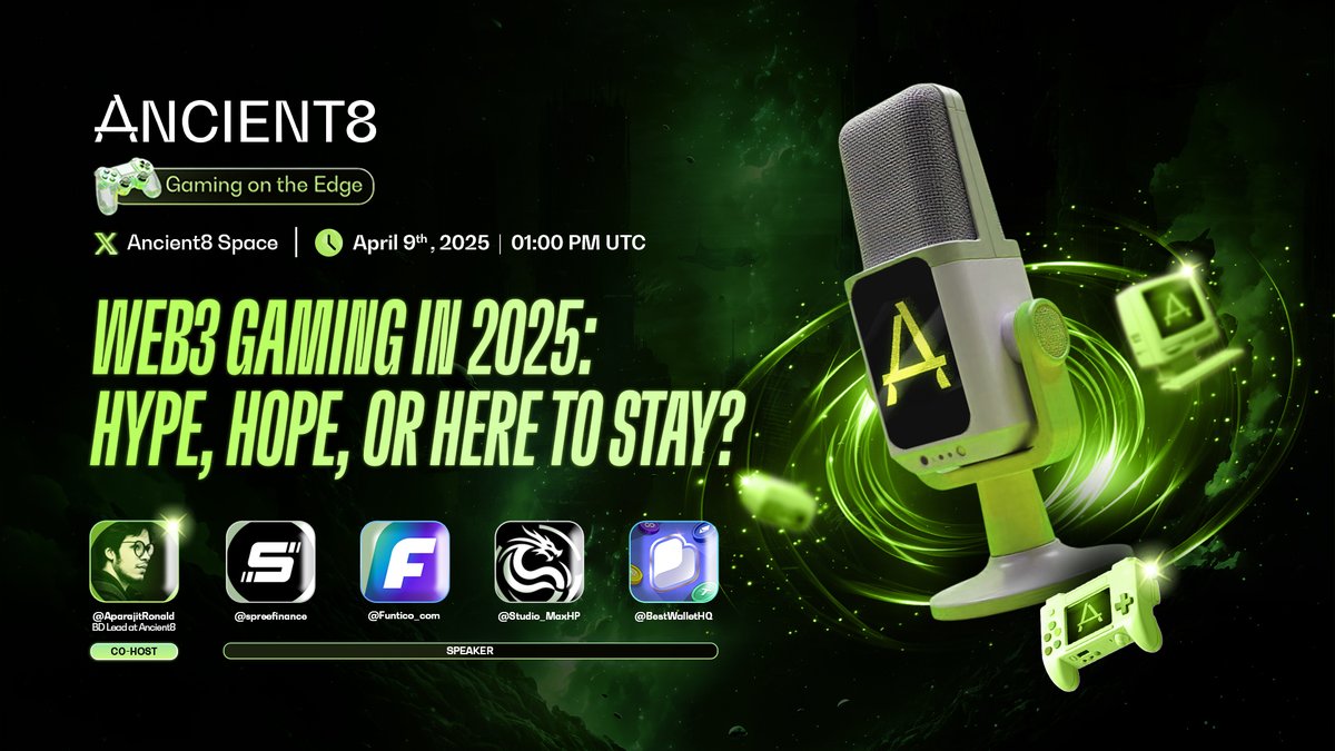 Ancient8_gg's tweet photo. 🗣️ Ancient8 Space: Web3 Gaming in 2025 — Hype, Hope, or Here to Stay?

This week, we explore the state of Web3 gaming in 2025—what's real, what's noise, and what's next. From sustainable economies to mainstream adoption, we examine if the future of gaming is genuinely decentralized.
