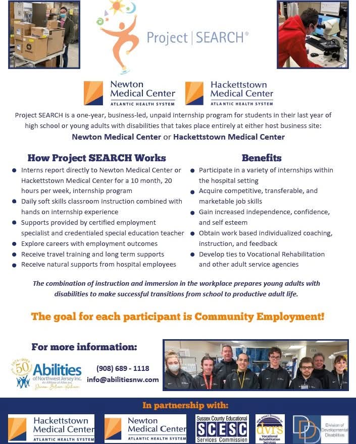 We're looking for youth with disabilities interested in joining our next Project SEARCH internship: 
• Must be either in last year of high school 18-21, or adults 21-25
• Registered with NJ Division of Developmental Disabilities
•  Potential and desire to achieve the goal