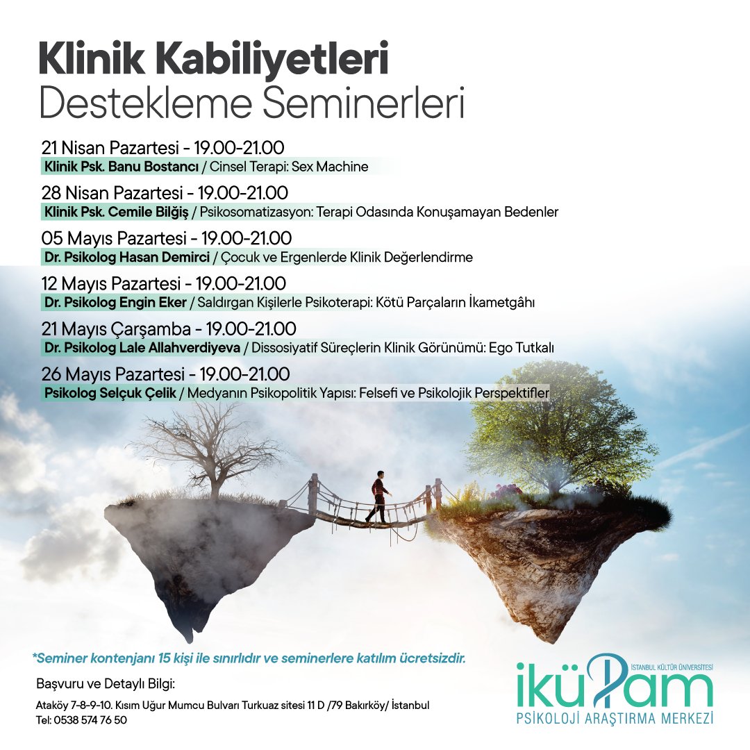 İstanbul Kültür Üniversitesi Psikoloji Araştırma Merkezi (iküPam) tarafından düzenlenen Klinik Kabiliyetleri Destekleme Seminerleri 21 Nisan – 26 Mayıs tarihleri arasında gerçekleştirilecektir.