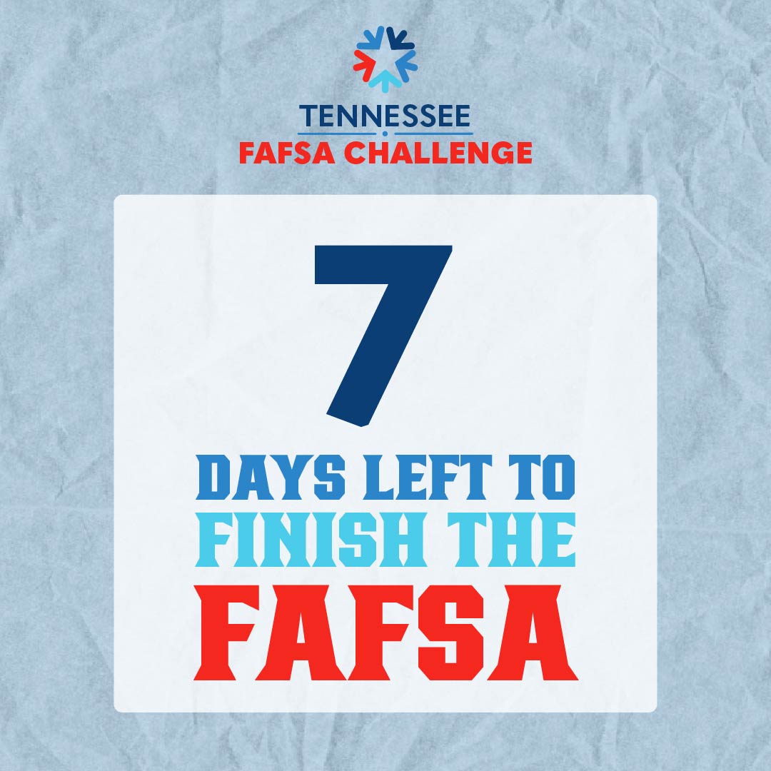 ⏰ One week to go! The April 15 FAFSA deadline is right around the corner. File yours today and secure your Tennessee Promise scholarship! FAFSA.gov #FAFSA #TNPromise