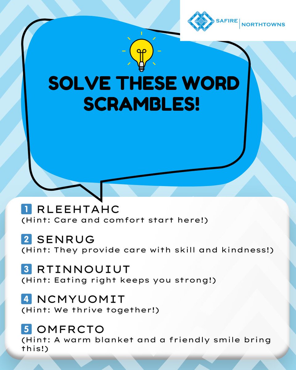 northtownscc's tweet photo. 🧠 Did you know? Brain teasers can help keep the mind sharp, improve memory, and enhance problem-solving skills! 🧩 Solve these word scrambles! (Answers below!) 🧩
.
.
.
.
🔎 Answers:
Healthcare
Nurses
Nutrition
Community
Comfort
How many did you get right? Tag a friend! https://t.co/W2Lln5wcof