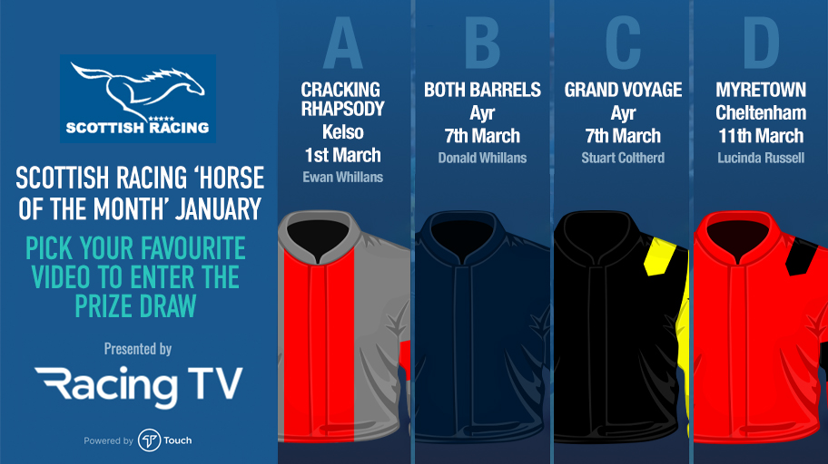 March's 🏴󠁧󠁢󠁳󠁣󠁴󠁿 Horse of The Month

VOTE &amp; WIN TODAY! 🎟

▪️Cracking Rhapsody (<a href="/EWhillansRacing/">Ewan Whillans Racing</a>)  - Kelso 1st
▪️Both Barrels (<a href="/WhillansRacing/">Donald Whillans Racing</a>) - Ayr 7th
▪️Grand Voyage (<a href="/ColtherdRacing/">Coltherd Racing</a>) - Ayr 7th
▪️Myretown (<a href="/lucindavrussell/">lucinda russell</a>)  - Cheltenham 11th

👉: bit.ly/ScottishHorseO…

🏴󠁧󠁢󠁳󠁣󠁴󠁿🏇