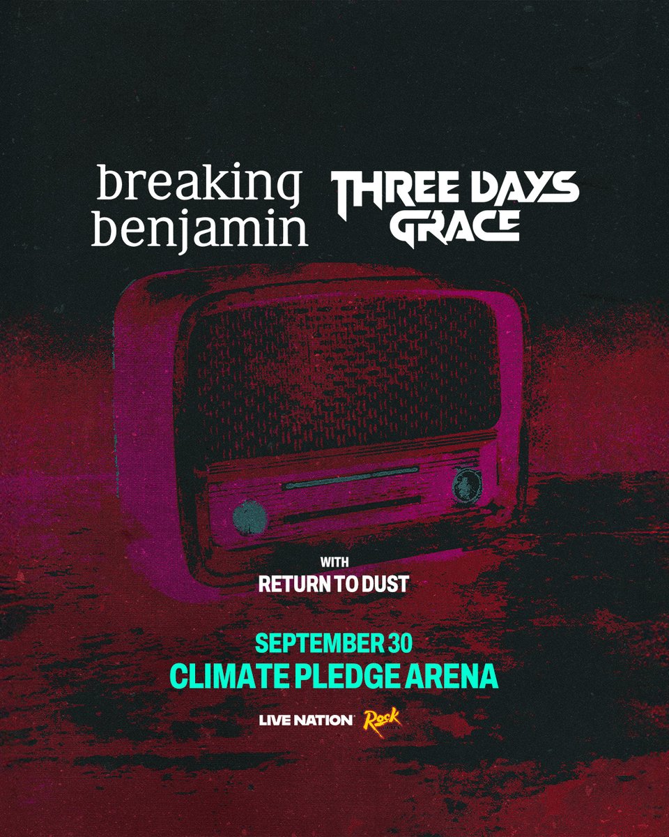 Climate Pledge Arena (@climatearena) on Twitter photo JUST ANNOUNCED! 🤘 Get ready for <a href="/breakingbenj/">Breaking Benjamin</a> & <a href="/threedaysgrace/">Three Days Grace</a> with special guest Return To Dust at Climate Pledge Arena on September 30!
Grab your tickets starting this Friday, April 11 @ 10 AM. More info ➡️ bit.ly/25BBTDGCPA JUST ANNOUNCED! 🤘 Get ready for <a href="/breakingbenj/">Breaking Benjamin</a> & <a href="/threedaysgrace/">Three Days Grace</a> with special guest Return To Dust at Climate Pledge Arena on September 30!
Grab your tickets starting this Friday, April 11 @ 10 AM. More info ➡️ bit.ly/25BBTDGCPA