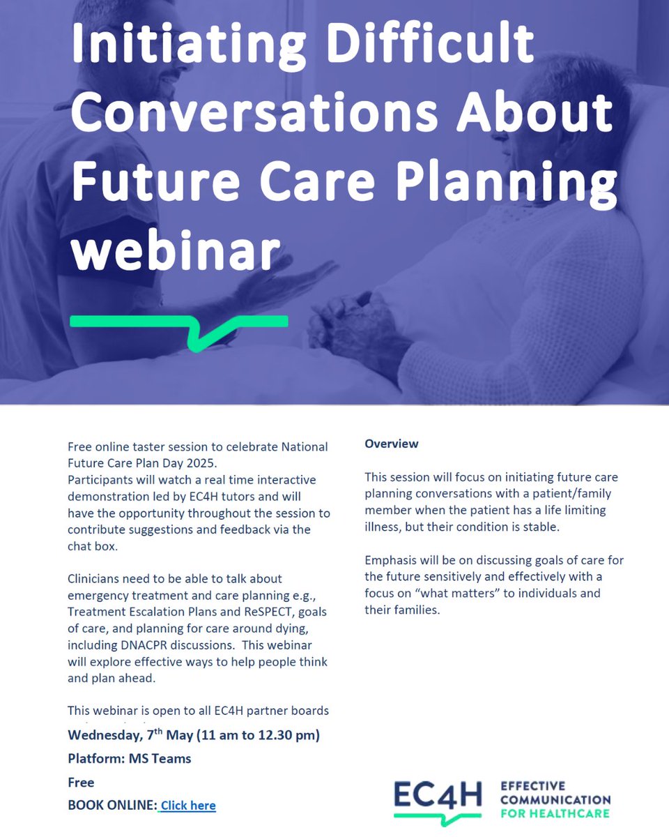 EC4H7's tweet photo. Excited to announce that we are running a free webinar on 7th May to celebrate National Future Care Plan Day 2025.
Focus will be on initiating future care planning conversations when the patient has a life limiting illness, but their condition is stable. 
 #ACPDay2025 https://t.co/mJhPtu4M7h