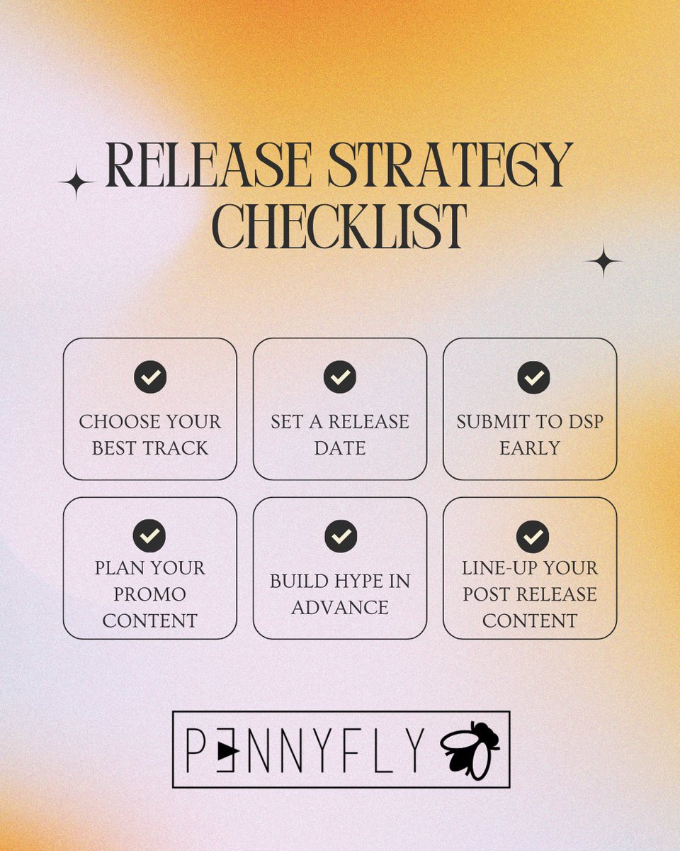 PennyFly Entertainment (@pennyflyent) on Twitter photo Dropping a song? It’s more than just hitting “upload.”
Build hype before and keep it rolling after.
Here’s your quick pre-release checklist ✔️
Which one do you always miss? 👀
📩 DM us or email info@pennyfly.com to plan your next drop. Dropping a song? It’s more than just hitting “upload.”
Build hype before and keep it rolling after.
Here’s your quick pre-release checklist ✔️
Which one do you always miss? 👀
📩 DM us or email info@pennyfly.com to plan your next drop.