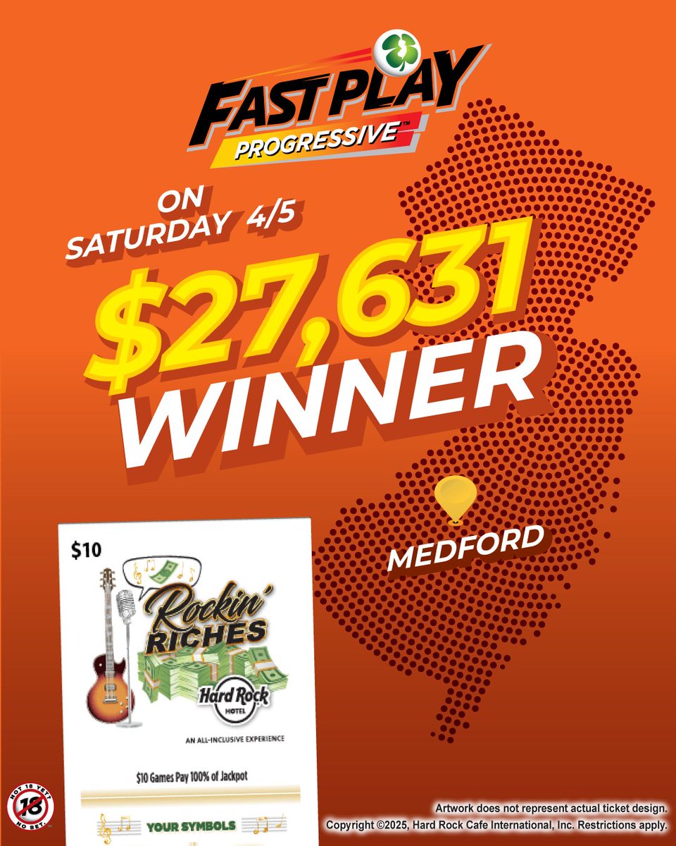 NJLottery's tweet image. A lucky player in Medford is rocking their way to riches! On Saturday (4/5), this player purchased a $10 Rockin' Riches #FastPlayProgressive ticket winning $27,631 - 100% of the Progressive Jackpot! The winning ticket was purchased at Wawa on Tuckerton Road.