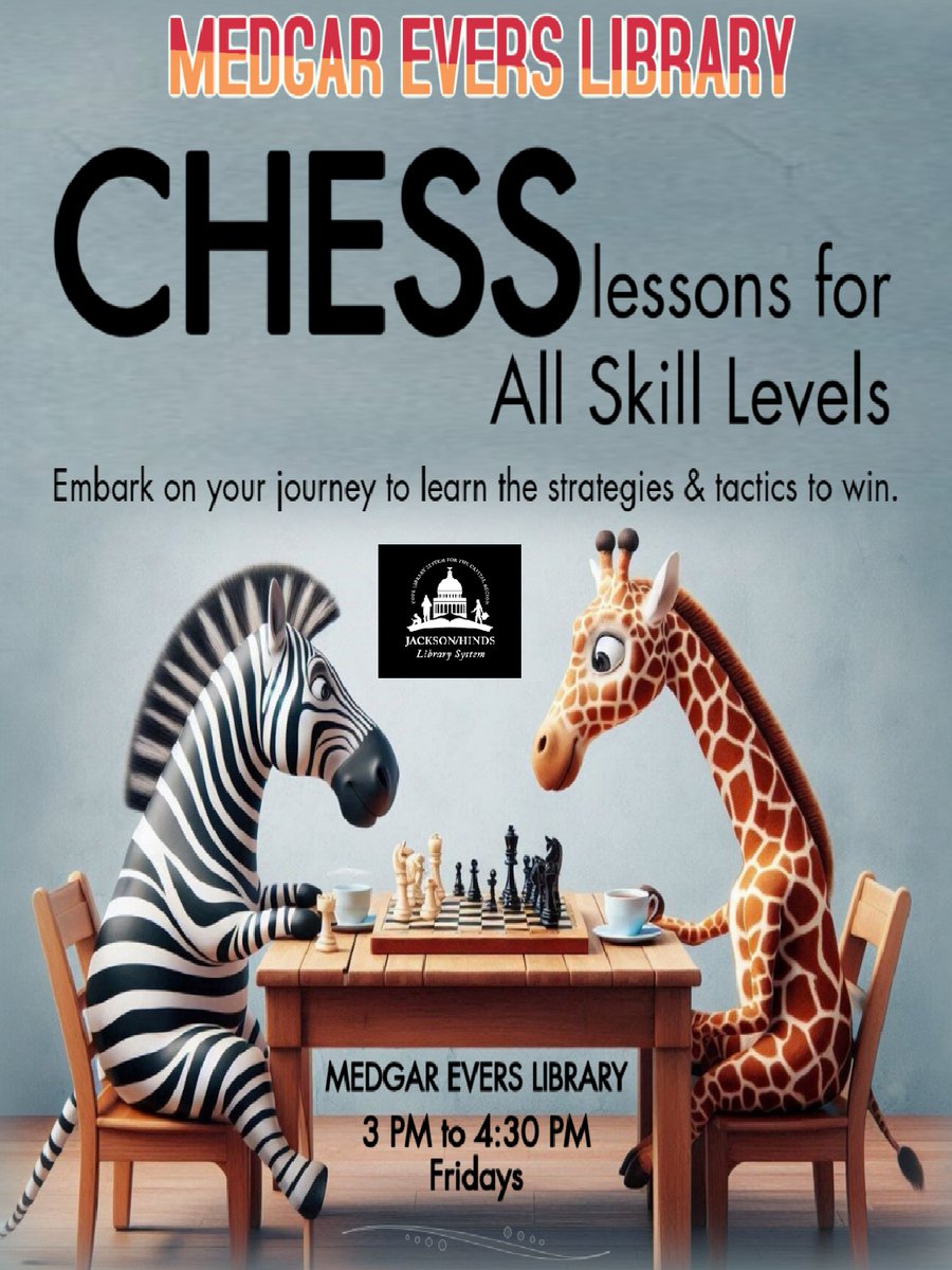 MyJHLS's tweet image. Join us at the Medgar Evers Library to learn chess strategies &amp;amp; tactics to win for all levels. Chess classes start at 3 to 4:30 pm on Fridays! #ChessClasses #ChessLife #ChessForKids #JacksonMS