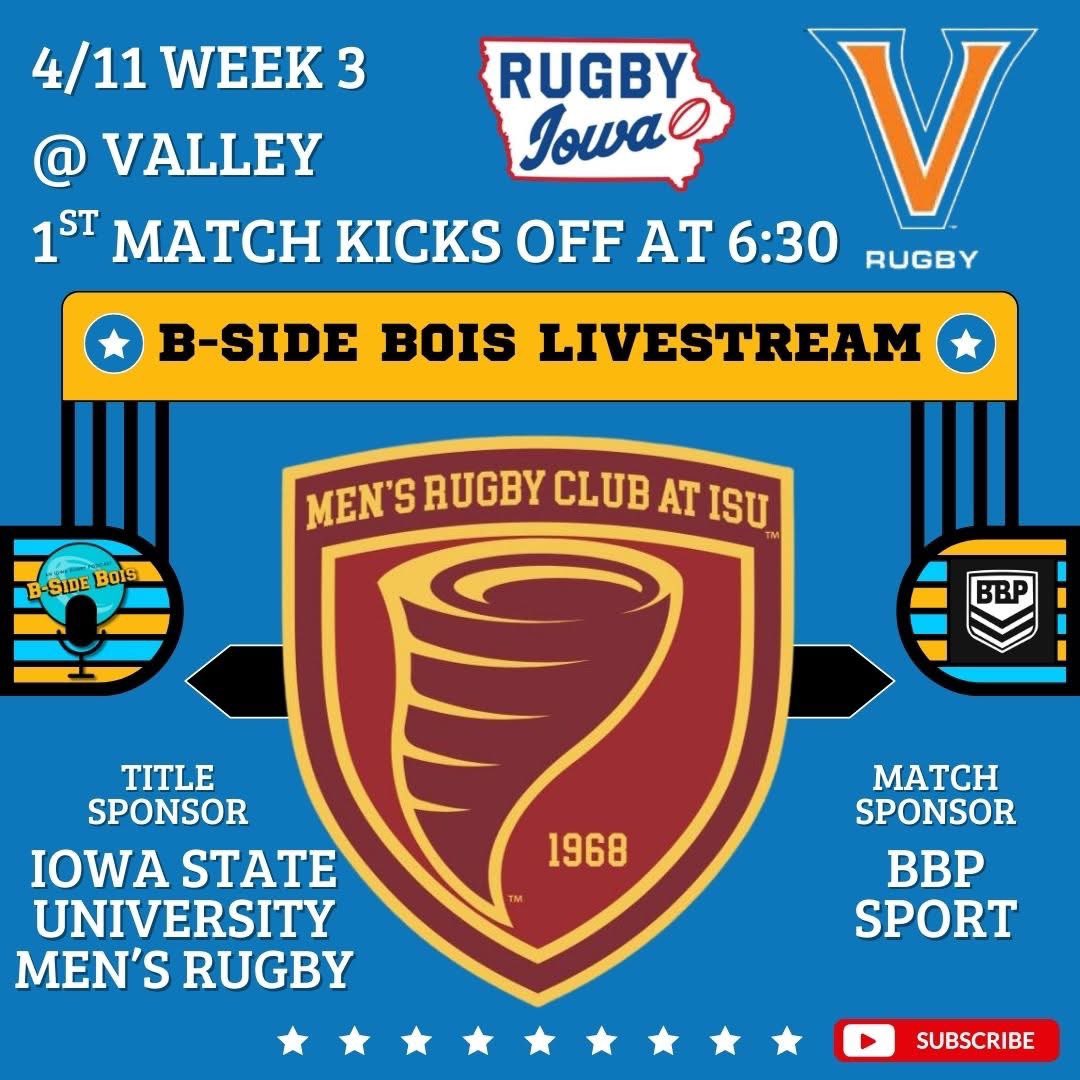 Huge Week 3 Boys Rugby action being live streamed on our YouTube channel this Friday! You do not want to miss this action! m.youtube.com/@b-sidebois

Thank you to <a href="/IowaStateRugby/">Iowa State Rugby</a> for being the title sponsor the night and BBP Sport for being a match sponsor!